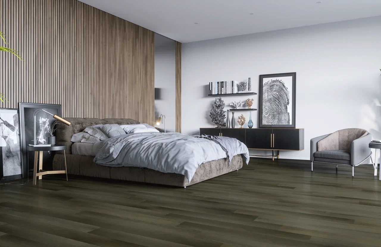 Кварцвиниловый SPC ламинат Home Expert Natural Дуб Ночной лес 2187-03 1220×150×3,5 фото в интерьере